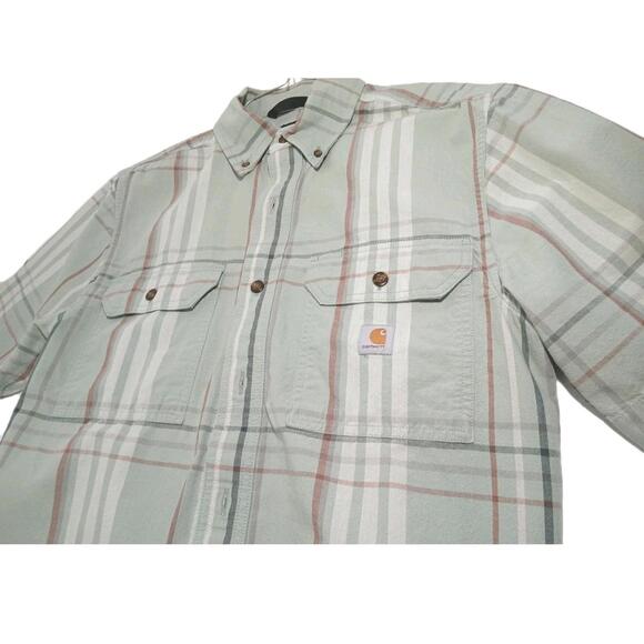 Carhartt Button Shirt Men's Small Short Sleeve Loose Fit Green Plaid - Picture 4 of 7